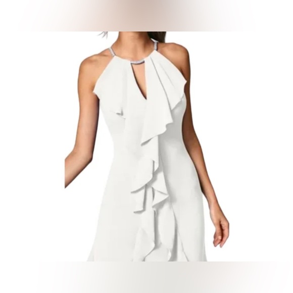 Venus White Rhinestone Ruffle Mini Dress - Picture 2 of 6